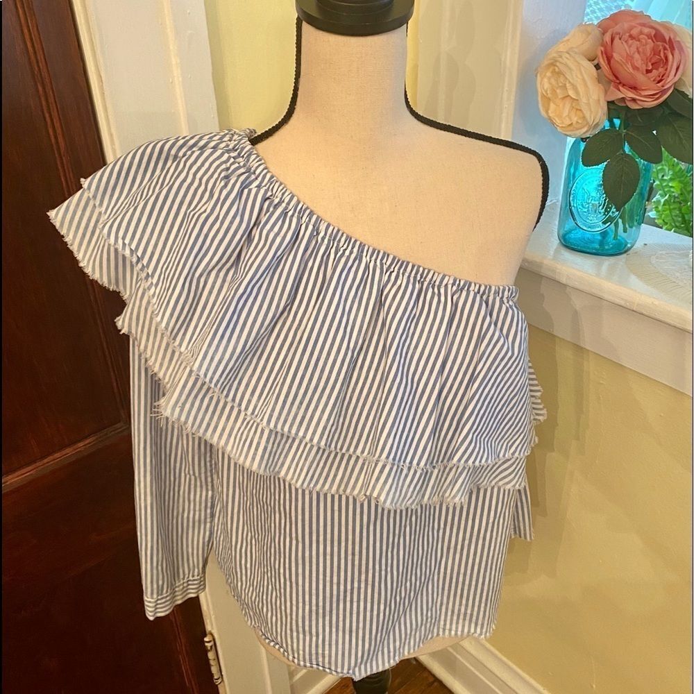 Zara Woman Ruffled Railroad-Stripes One-Shoulder Striped Top Sz S